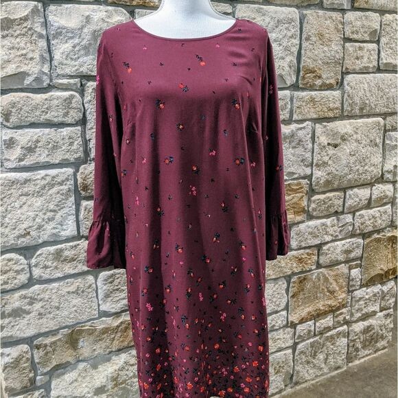 Old Navy Dress Large Burgundy Floral Print Shift Dress Long Sleeve - Picture 1 of 6